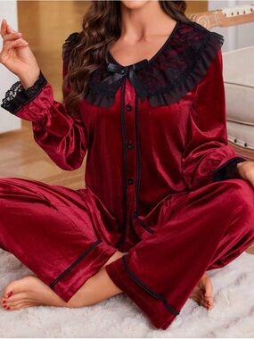 Mango Burgundy Velvet Pajama Set with Black Lace Trim